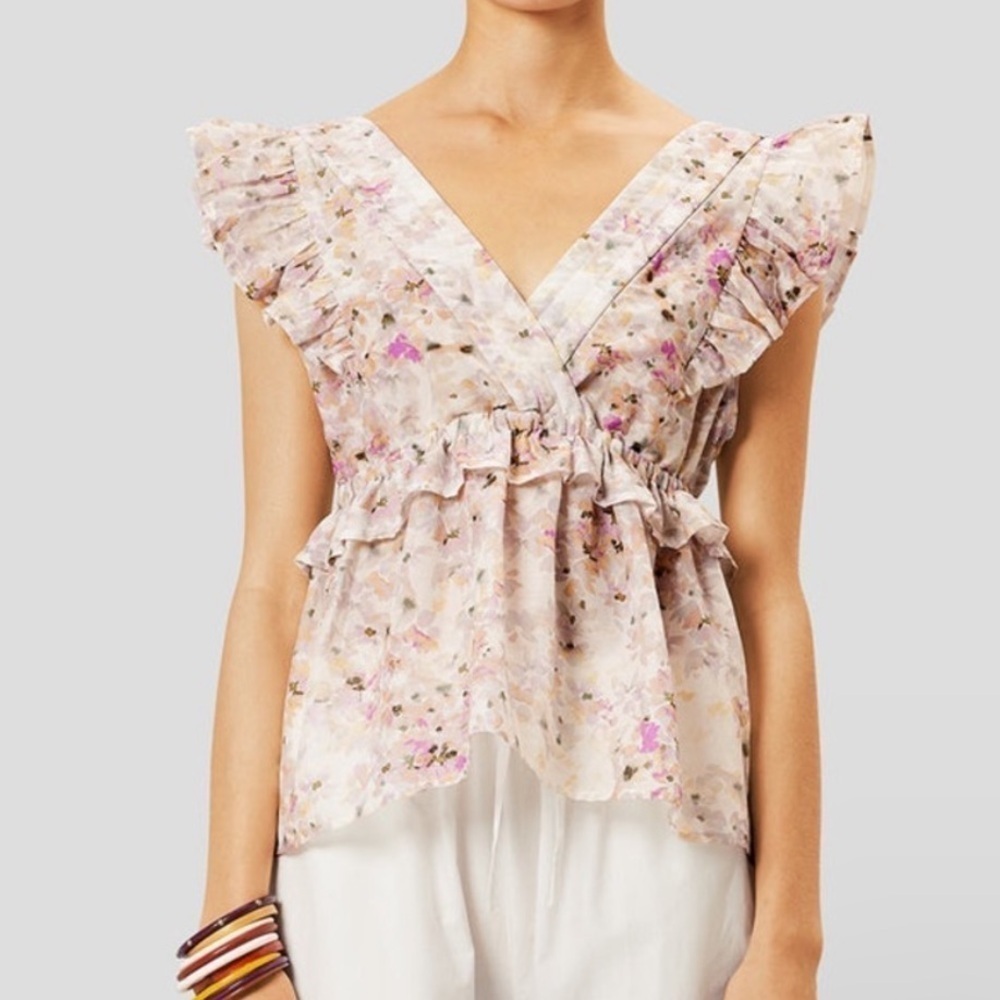 MUNTHE Rent the Runway Herb Ruffle Flutter Sleeve Floral Open Back Blouse 10 /40 - Picture 2 of 8